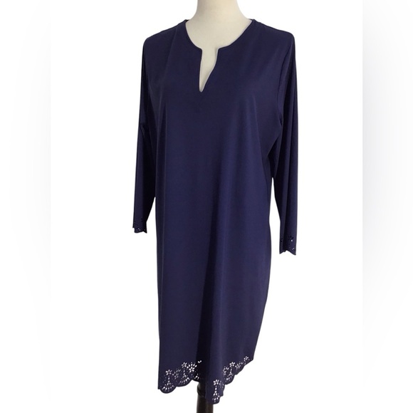 Lands End Navy Blue Laser Cut Trim Shift Dress Stretch Women’s Size Large - Picture 4 of 7